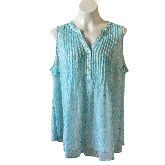 Charter Club 1X Ocean Paradise Aqua Sleeveless Top - Picture 1 of 10